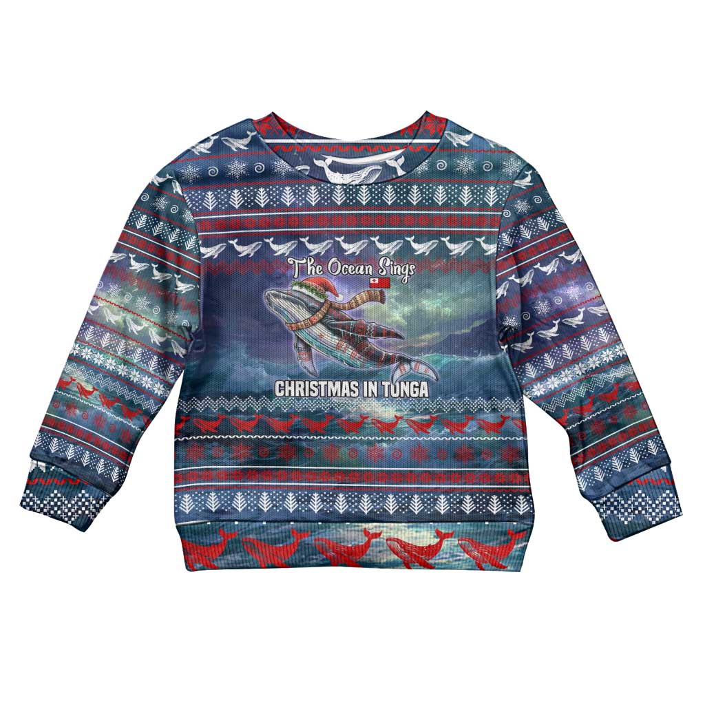 Tonga Christmas Kid Ugly Christmas Sweater with Singing Whale Ocean Scene National Coat of Arms - Polynesian Pride