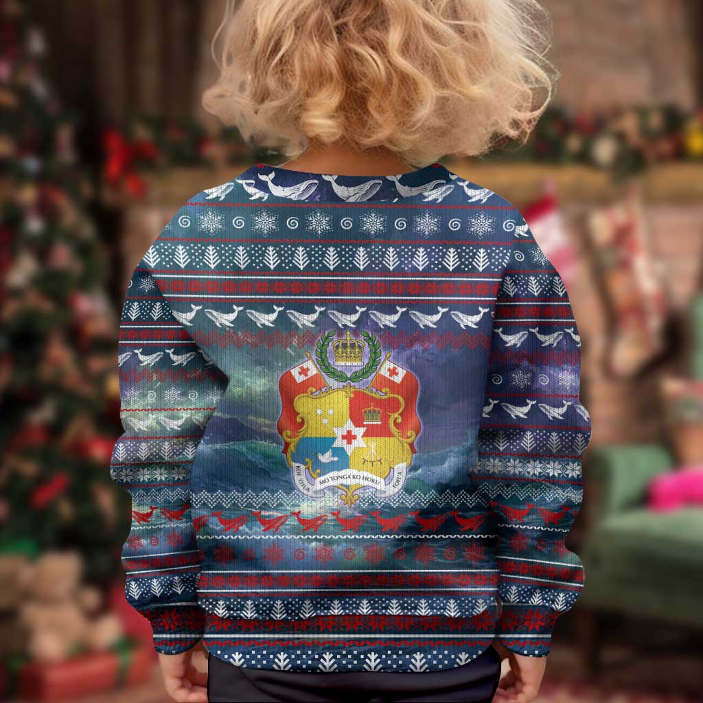 Tonga Christmas Kid Ugly Christmas Sweater with Singing Whale Ocean Scene National Coat of Arms - Polynesian Pride
