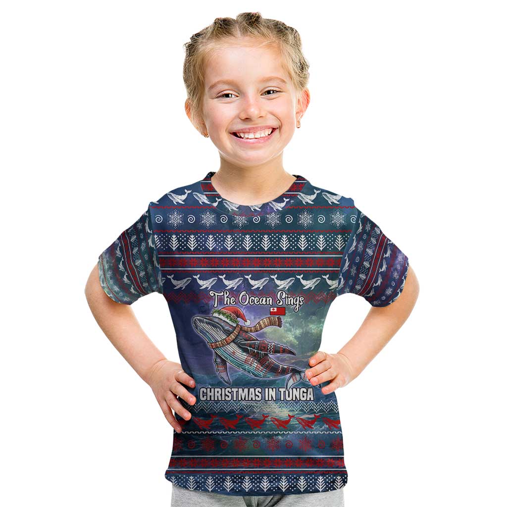 Tonga Christmas Kid T Shirt with Singing Whale Ocean Scene National Coat of Arms - Polynesian Pride