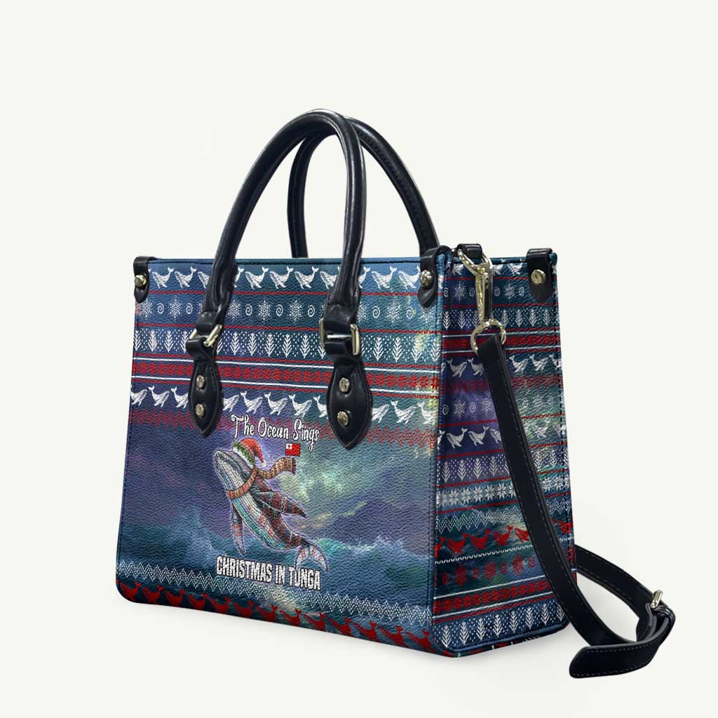 Tonga Christmas Leather Bag with Singing Whale Ocean Scene National Coat of Arms - Polynesian Pride