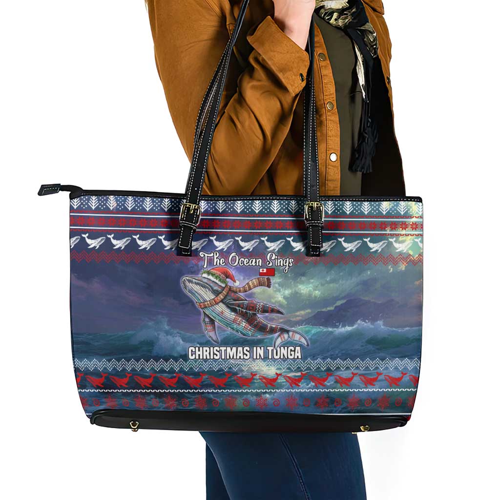 Tonga Christmas Leather Tote Bag with Singing Whale Ocean Scene National Coat of Arms - Polynesian Pride