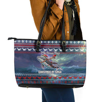 Tonga Christmas Leather Tote Bag with Singing Whale Ocean Scene National Coat of Arms - Polynesian Pride