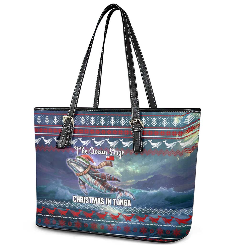 Tonga Christmas Leather Tote Bag with Singing Whale Ocean Scene National Coat of Arms - Polynesian Pride