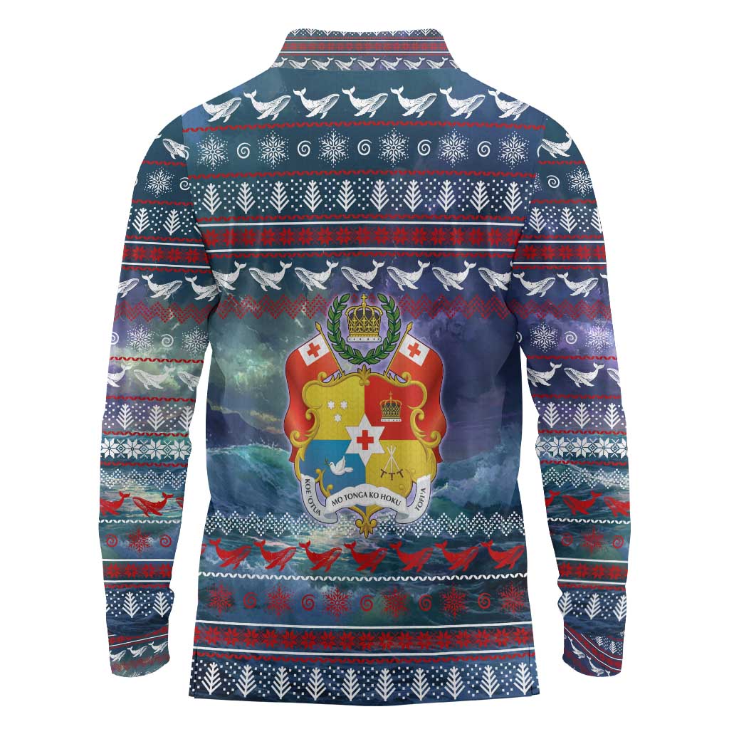 Tonga Christmas Long Sleeve Polo Shirt with Singing Whale Ocean Scene National Coat of Arms - Polynesian Pride