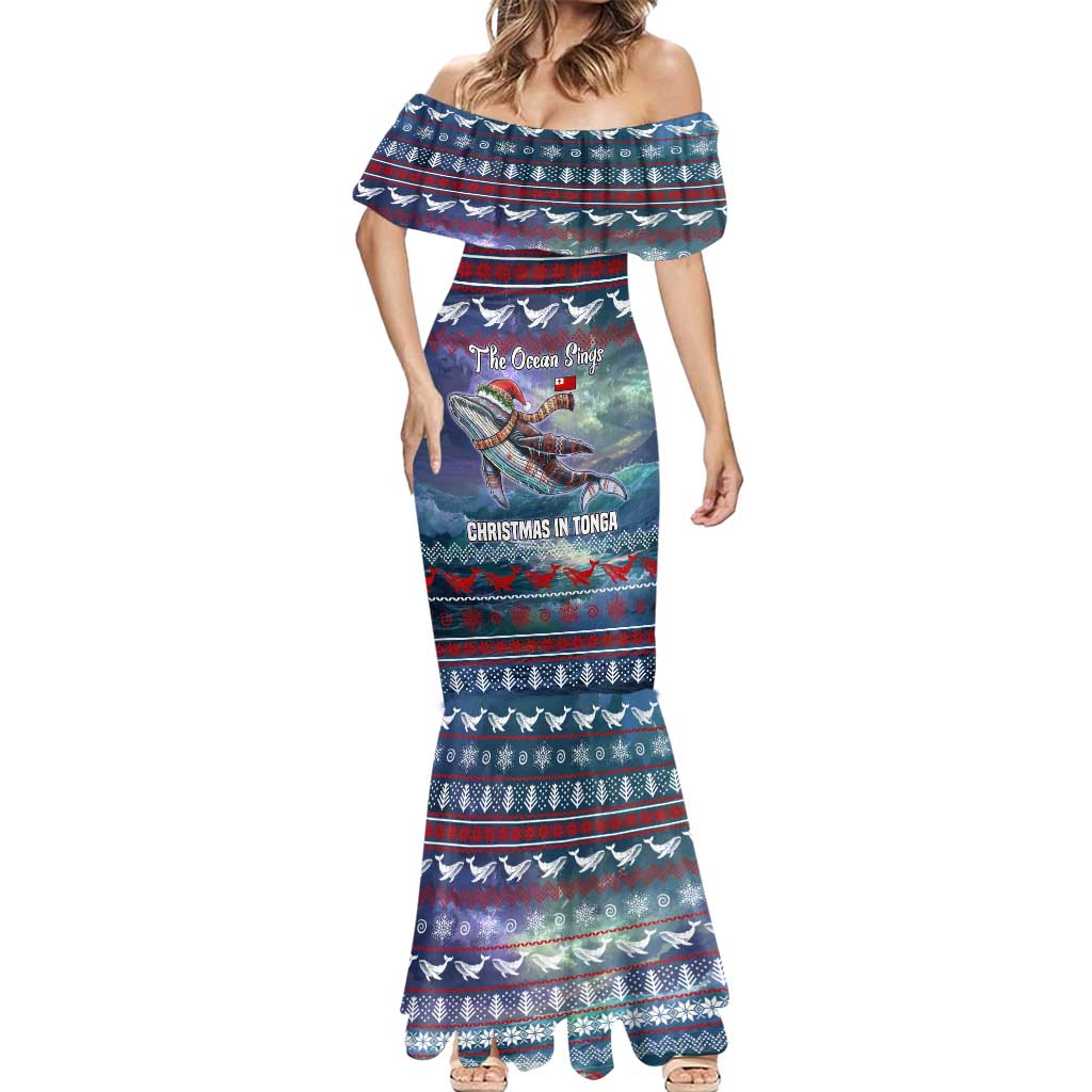 Tonga Christmas Mermaid Dress with Singing Whale Ocean Scene National Coat of Arms - Polynesian Pride