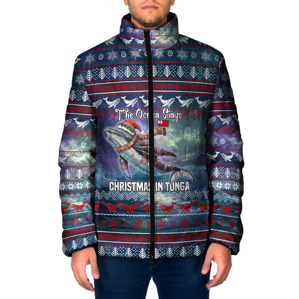 Tonga Christmas Padded Jacket with Singing Whale Ocean Scene National Coat of Arms - Polynesian Pride