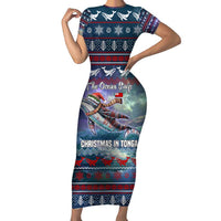 Tonga Christmas Short Sleeve Bodycon Dress with Singing Whale Ocean Scene National Coat of Arms - Polynesian Pride
