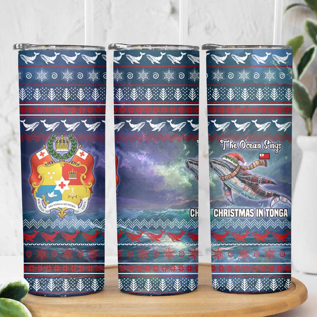 Tonga Christmas Skinny Tumbler with Singing Whale Ocean Scene National Coat of Arms - Polynesian Pride