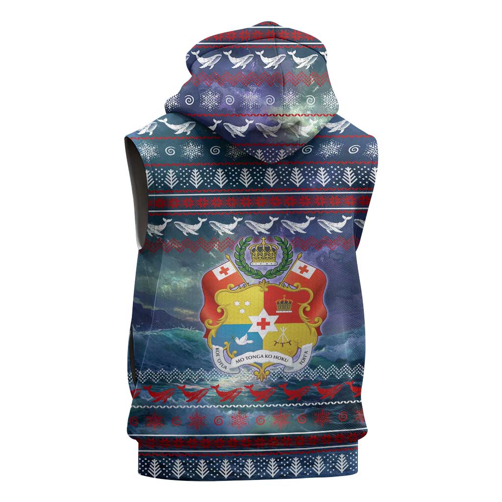 Tonga Christmas Sleeveless Hoodie with Singing Whale Ocean Scene National Coat of Arms - Polynesian Pride