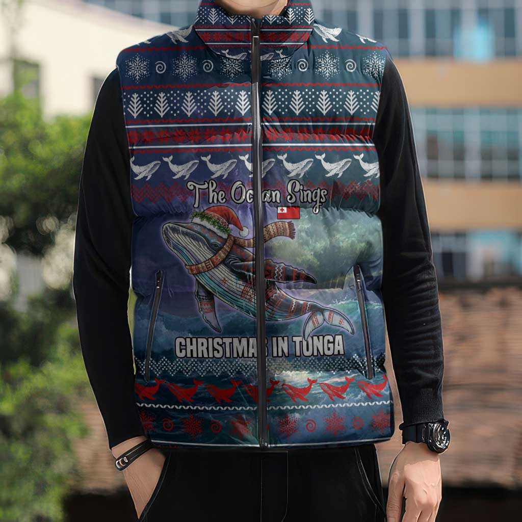 Tonga Christmas Sleeveless Puffer Jacket with Singing Whale Ocean Scene National Coat of Arms - Polynesian Pride