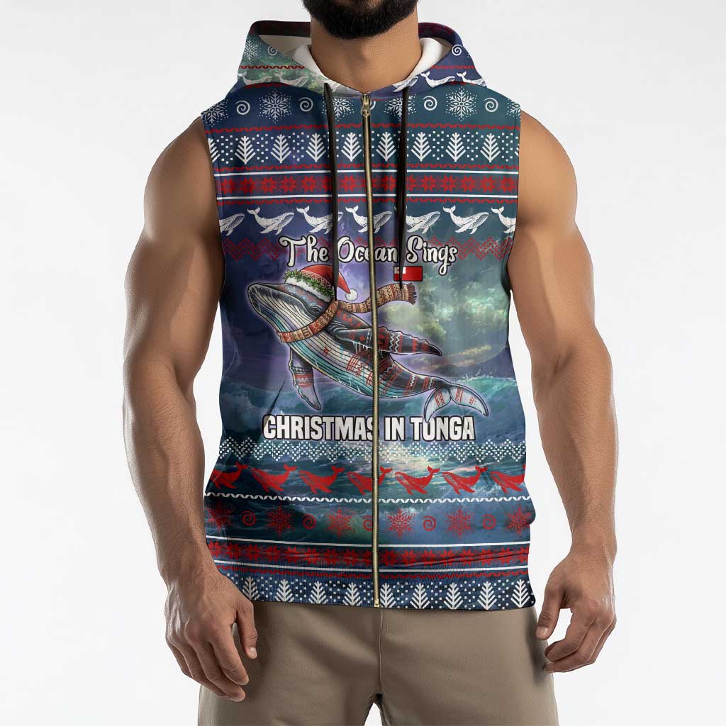 Tonga Christmas Sleeveless Zip Hoodie with Singing Whale Ocean Scene National Coat of Arms - Polynesian Pride
