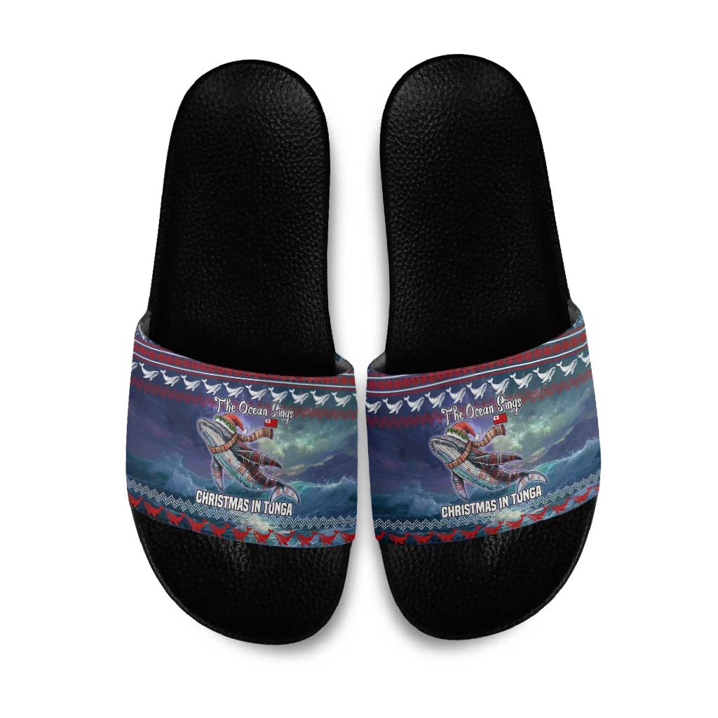 Tonga Christmas Slide Sandals with Singing Whale Ocean Scene National Coat of Arms - Polynesian Pride