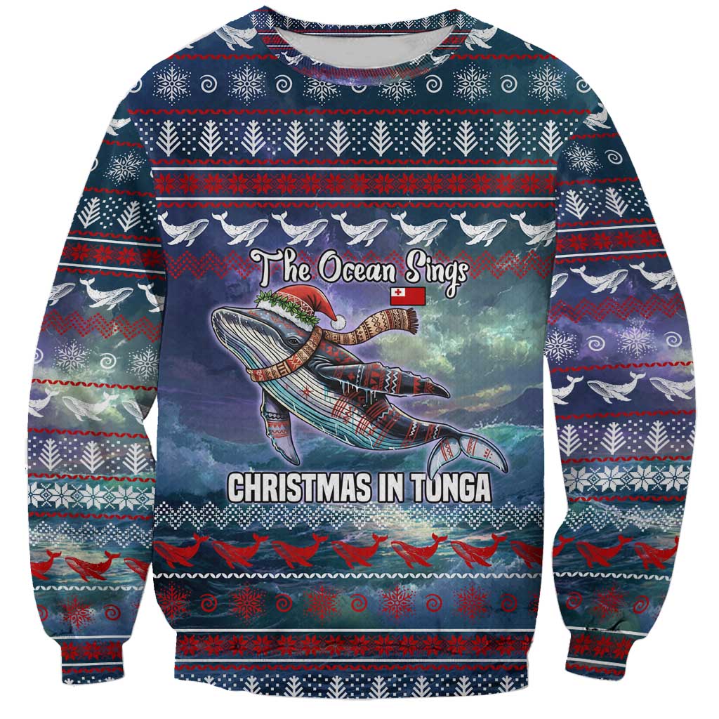 Tonga Christmas Sweatshirt with Singing Whale Ocean Scene National Coat of Arms - Polynesian Pride
