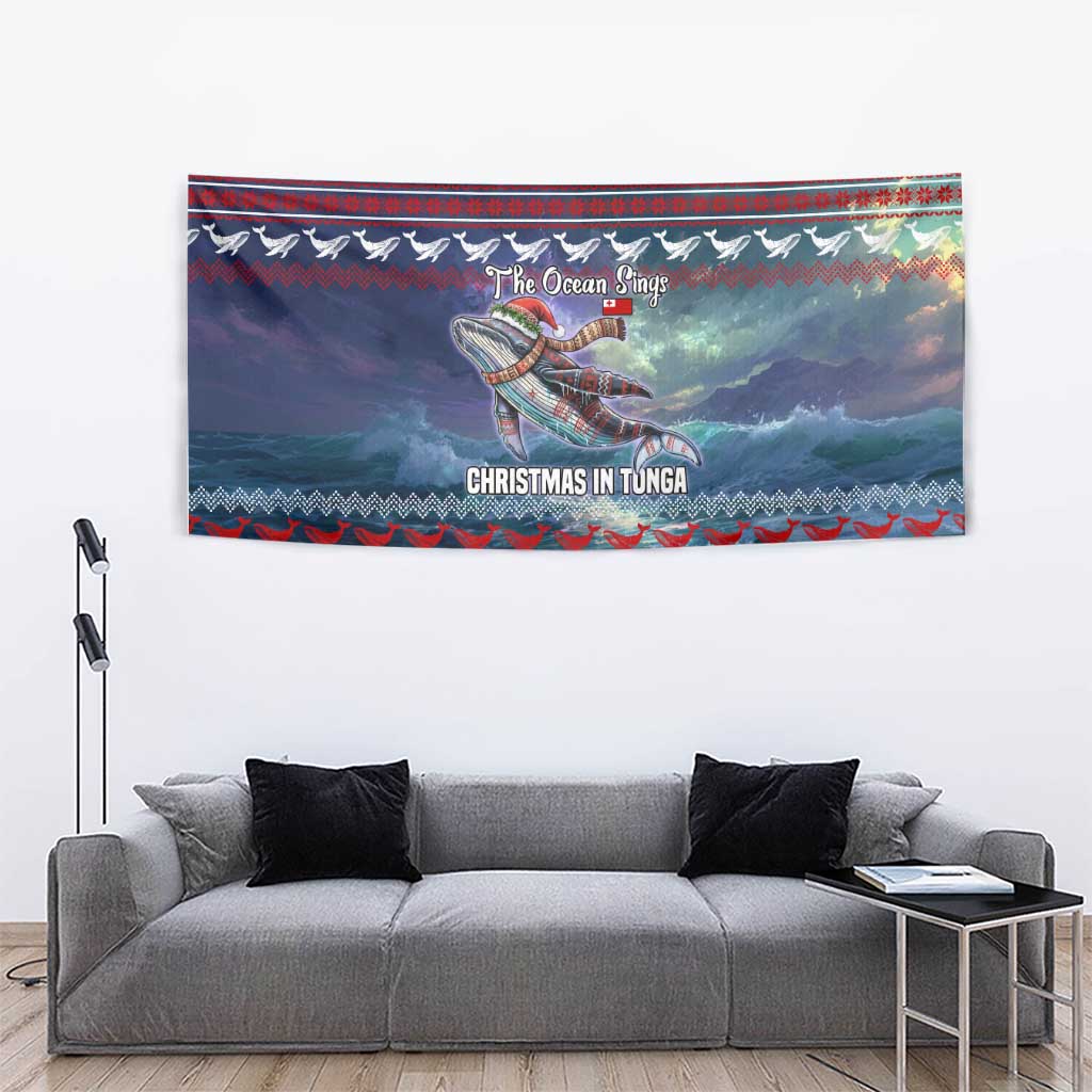 Tonga Christmas Tapestry with Singing Whale Ocean Scene National Coat of Arms - Polynesian Pride