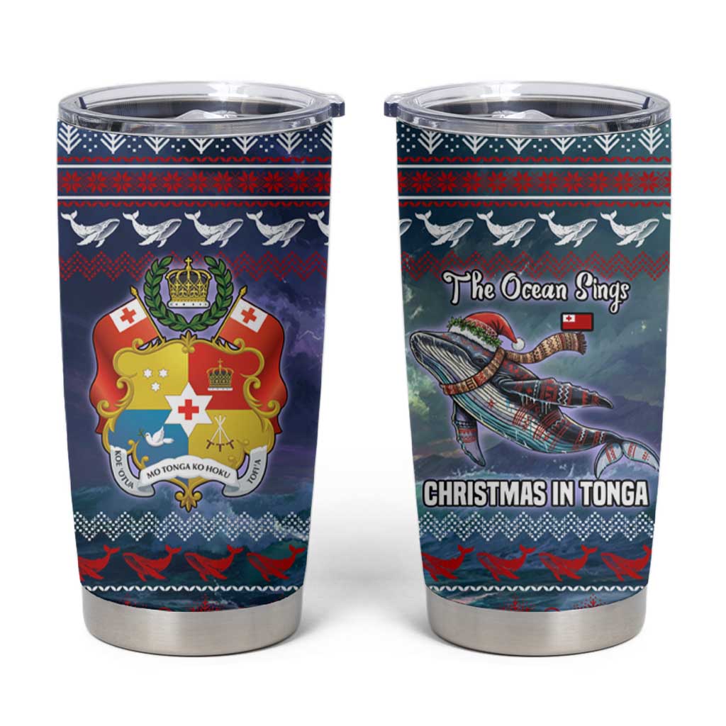 Tonga Christmas Tumbler Cup with Singing Whale Ocean Scene National Coat of Arms - Polynesian Pride
