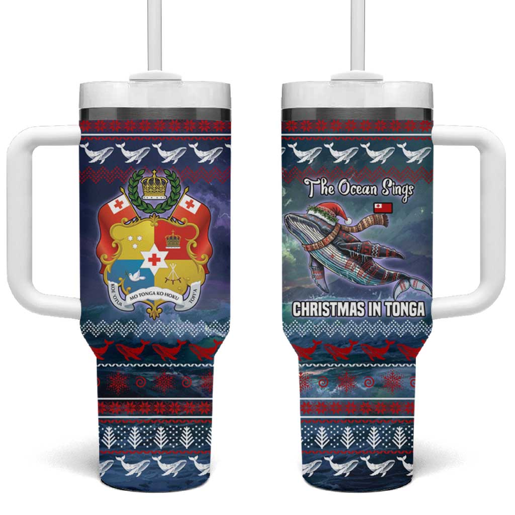 Tonga Christmas Tumbler With Handle with Singing Whale Ocean Scene National Coat of Arms - Polynesian Pride