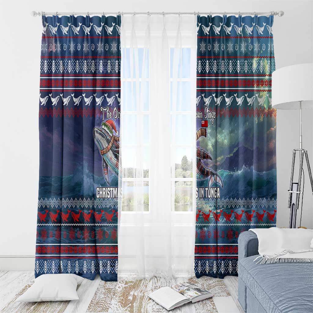 Tonga Christmas Window Curtain with Singing Whale Ocean Scene National Coat of Arms - Polynesian Pride