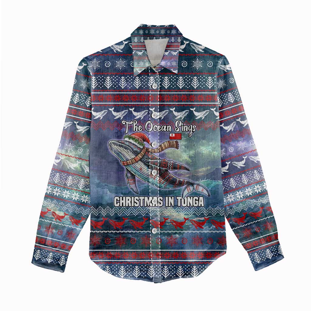 Tonga Christmas Women Casual Shirt with Singing Whale Ocean Scene National Coat of Arms - Polynesian Pride