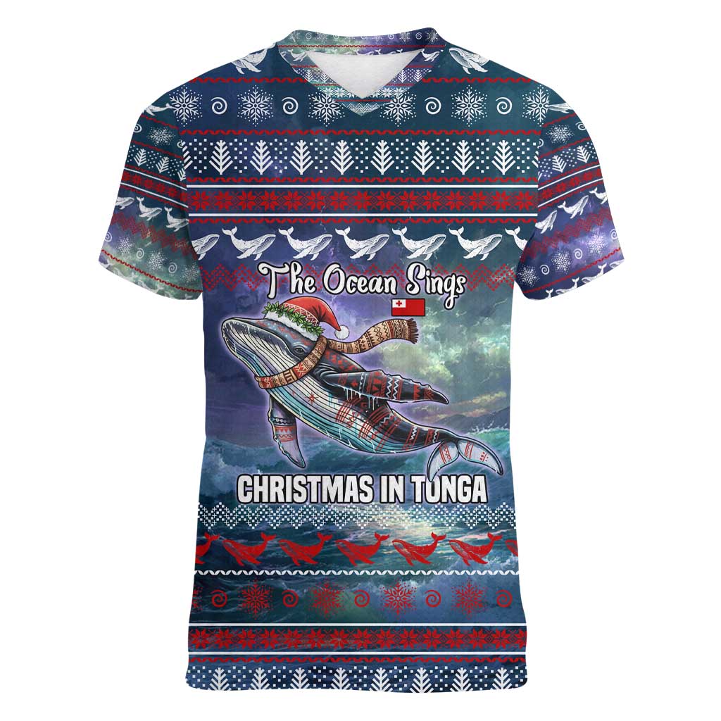 Tonga Christmas Women V-Neck T-Shirt with Singing Whale Ocean Scene National Coat of Arms - Polynesian Pride