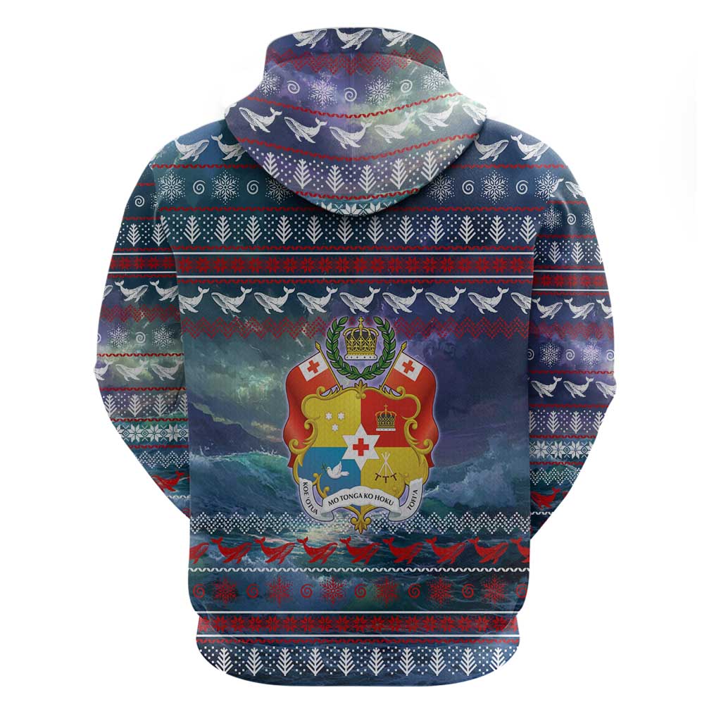 Tonga Christmas Zip Hoodie with Singing Whale Ocean Scene National Coat of Arms - Polynesian Pride