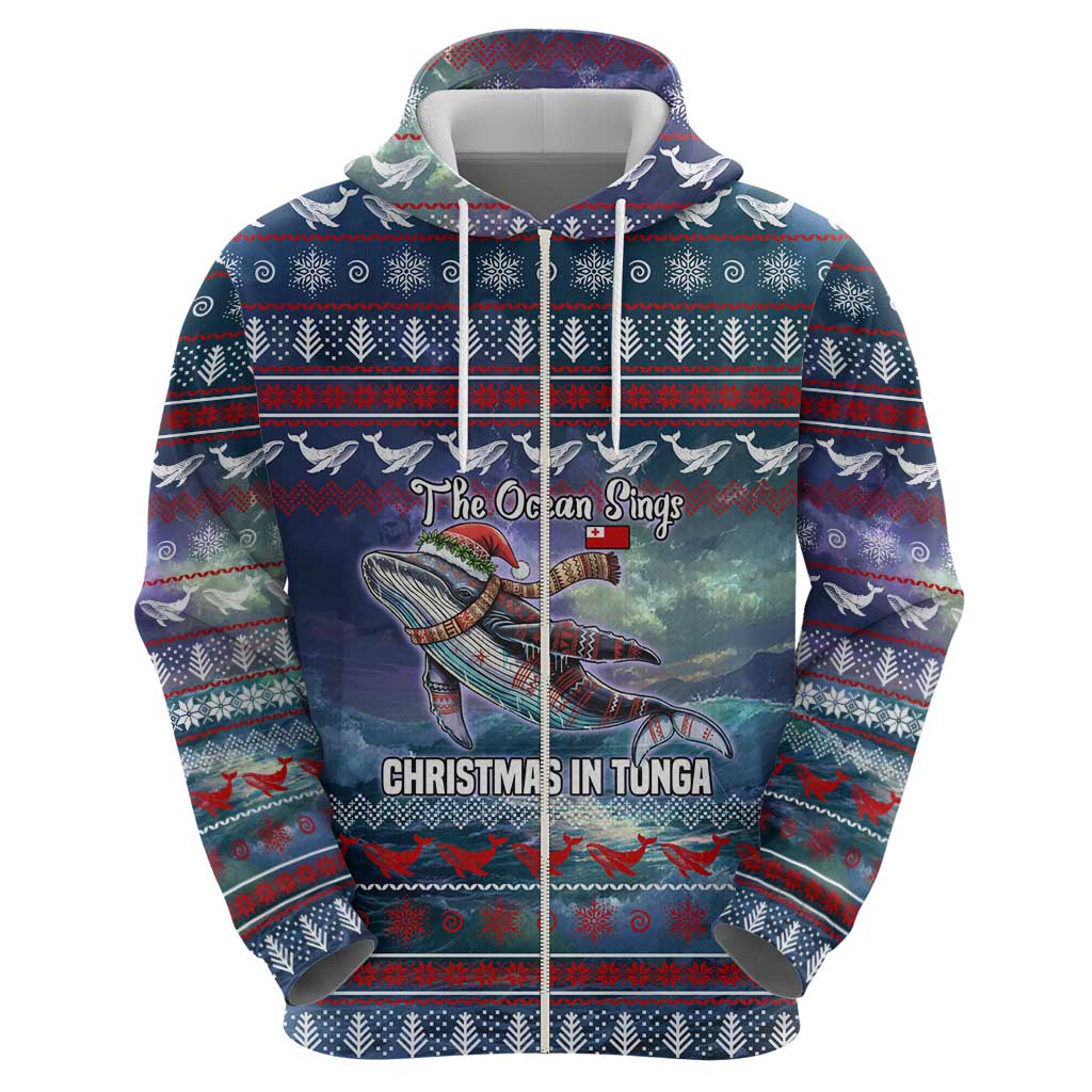 Tonga Christmas Zip Hoodie with Singing Whale Ocean Scene National Coat of Arms - Polynesian Pride