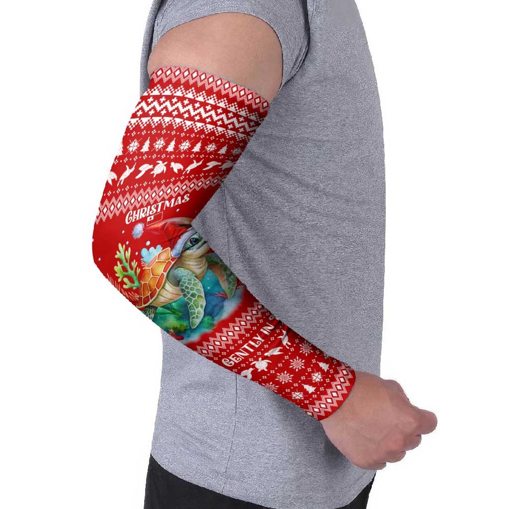Tonga Christmas Arm Sleeves with Sea Turtle Coral Reef Design Snowflake Pattern and National Emblem - Polynesian Pride