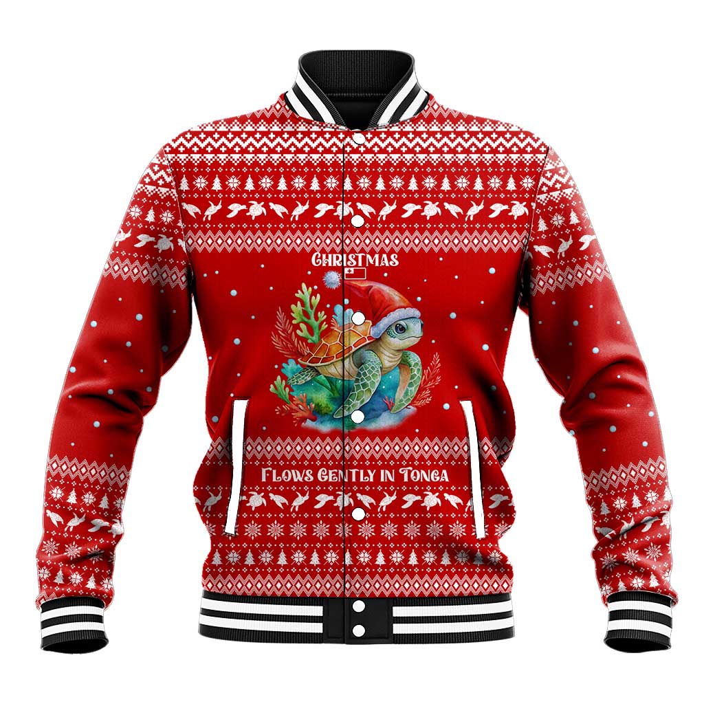 Tonga Christmas Baseball Jacket with Sea Turtle Coral Reef Design Snowflake Pattern and National Emblem - Polynesian Pride