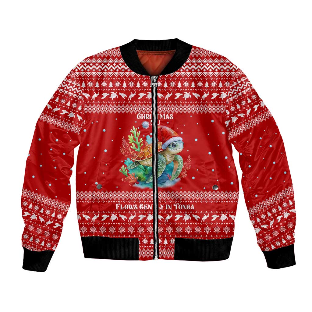 Tonga Christmas Bomber Jacket with Sea Turtle Coral Reef Design Snowflake Pattern and National Emblem - Polynesian Pride
