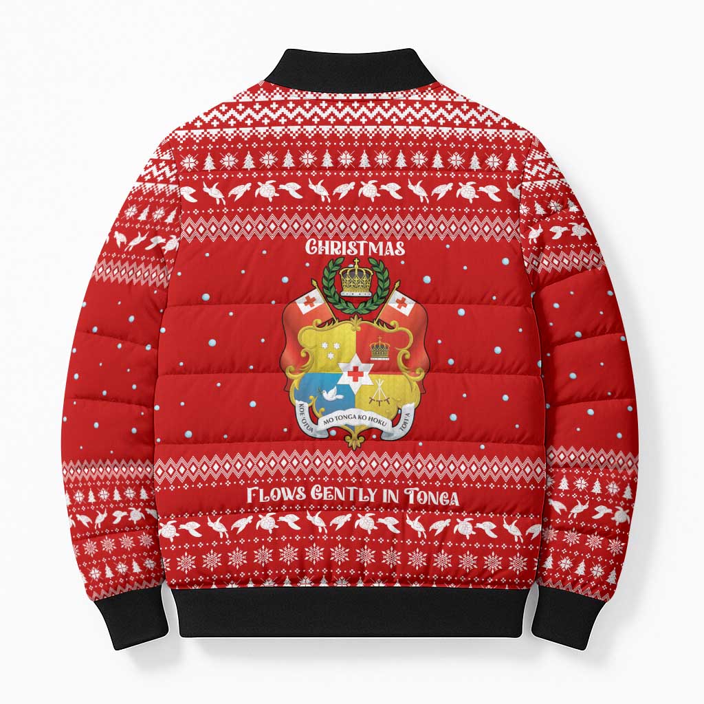 Tonga Christmas Bomber Puffer Jacket with Sea Turtle Coral Reef Design Snowflake Pattern and National Emblem - Polynesian Pride
