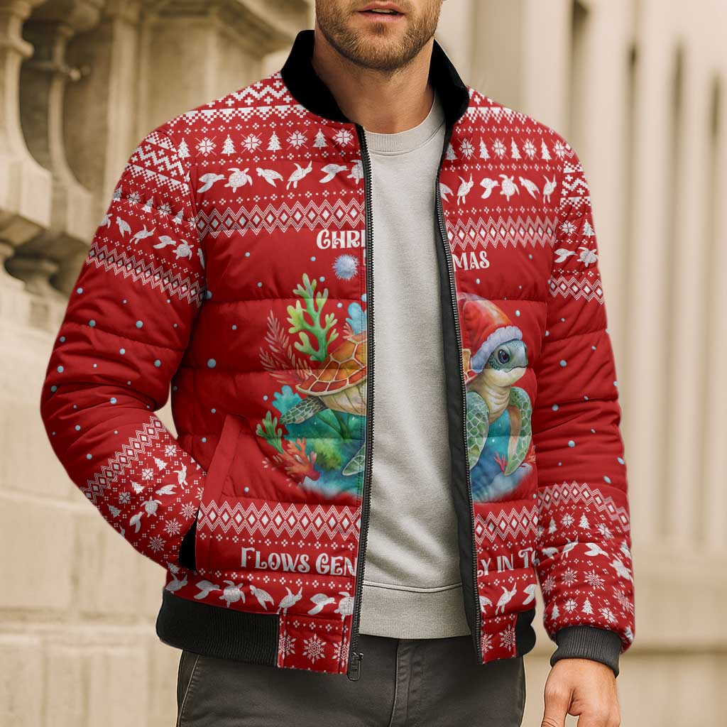 Tonga Christmas Bomber Puffer Jacket with Sea Turtle Coral Reef Design Snowflake Pattern and National Emblem - Polynesian Pride