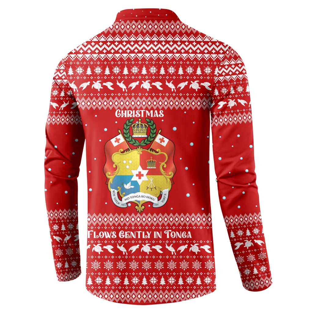 Tonga Christmas Button Sweatshirt with Sea Turtle Coral Reef Design Snowflake Pattern and National Emblem - Polynesian Pride