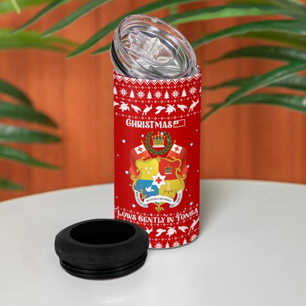 Tonga Christmas 4 in 1 Can Cooler Tumbler with Sea Turtle Coral Reef Design Snowflake Pattern and National Emblem - Polynesian Pride