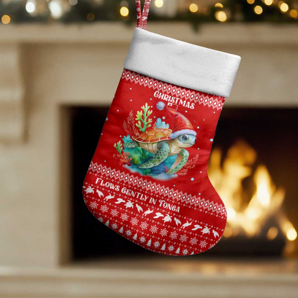Tonga Christmas Stocking with Sea Turtle Coral Reef Design Snowflake Pattern and National Emblem - Polynesian Pride
