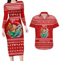 Tonga Christmas Couples Matching Long Sleeve Bodycon Dress and Hawaiian Shirt with Sea Turtle Coral Reef Design Snowflake Pattern and National Emblem - Polynesian Pride
