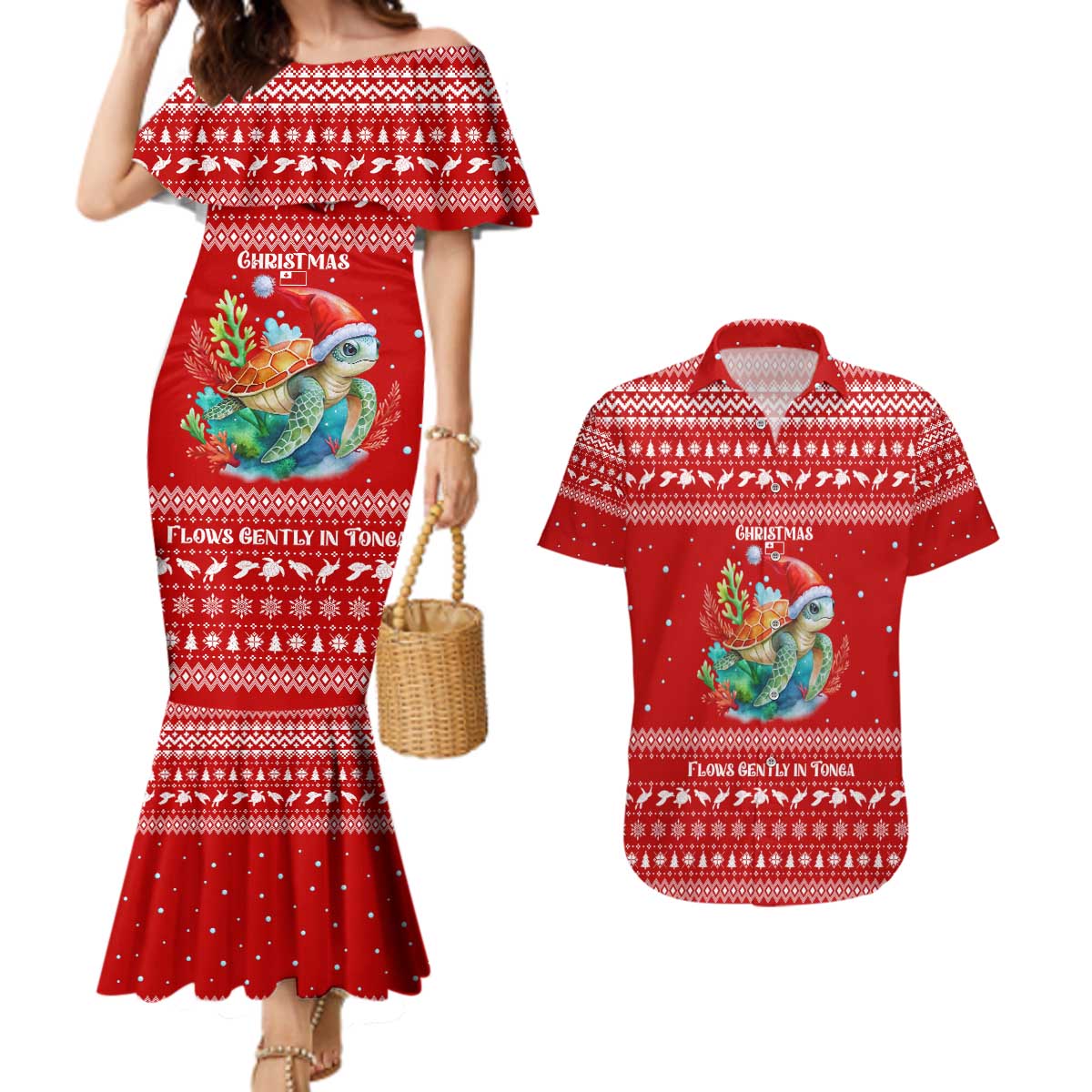 Tonga Christmas Couples Matching Mermaid Dress and Hawaiian Shirt with Sea Turtle Coral Reef Design Snowflake Pattern and National Emblem - Polynesian Pride