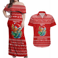 Tonga Christmas Couples Matching Off Shoulder Maxi Dress and Hawaiian Shirt with Sea Turtle Coral Reef Design Snowflake Pattern and National Emblem - Polynesian Pride
