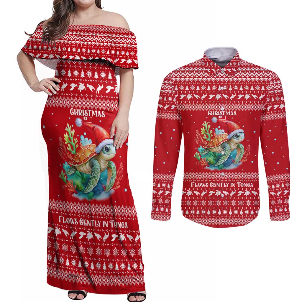 Tonga Christmas Couples Matching Off Shoulder Maxi Dress and Long Sleeve Button Shirt with Sea Turtle Coral Reef Design Snowflake Pattern and National Emblem - Polynesian Pride