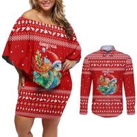 Tonga Christmas Couples Matching Off Shoulder Short Dress and Long Sleeve Button Shirt with Sea Turtle Coral Reef Design Snowflake Pattern and National Emblem - Polynesian Pride