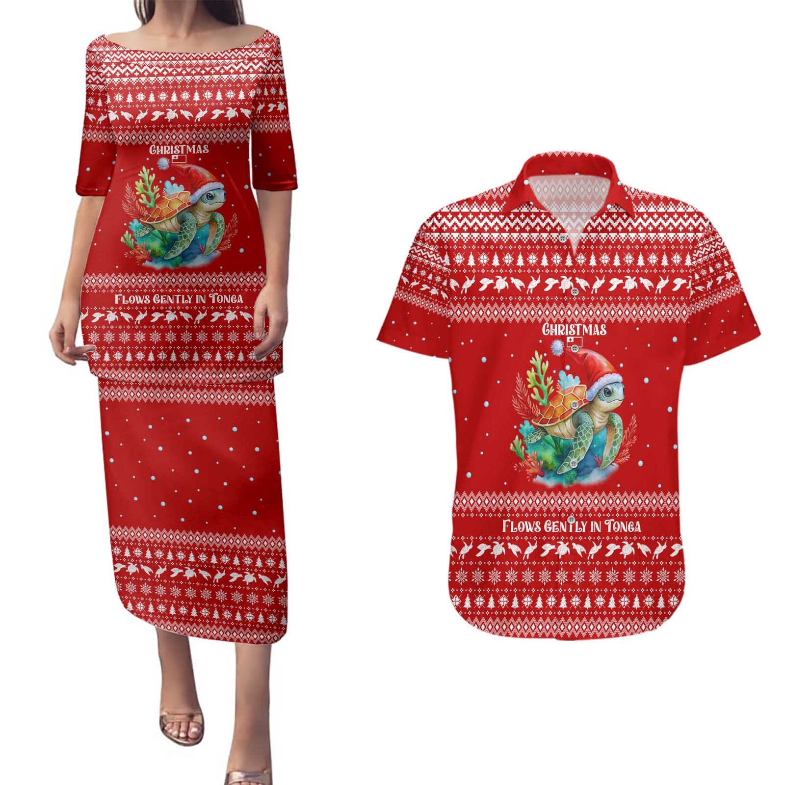 Tonga Christmas Couples Matching Puletasi and Hawaiian Shirt with Sea Turtle Coral Reef Design Snowflake Pattern and National Emblem - Polynesian Pride
