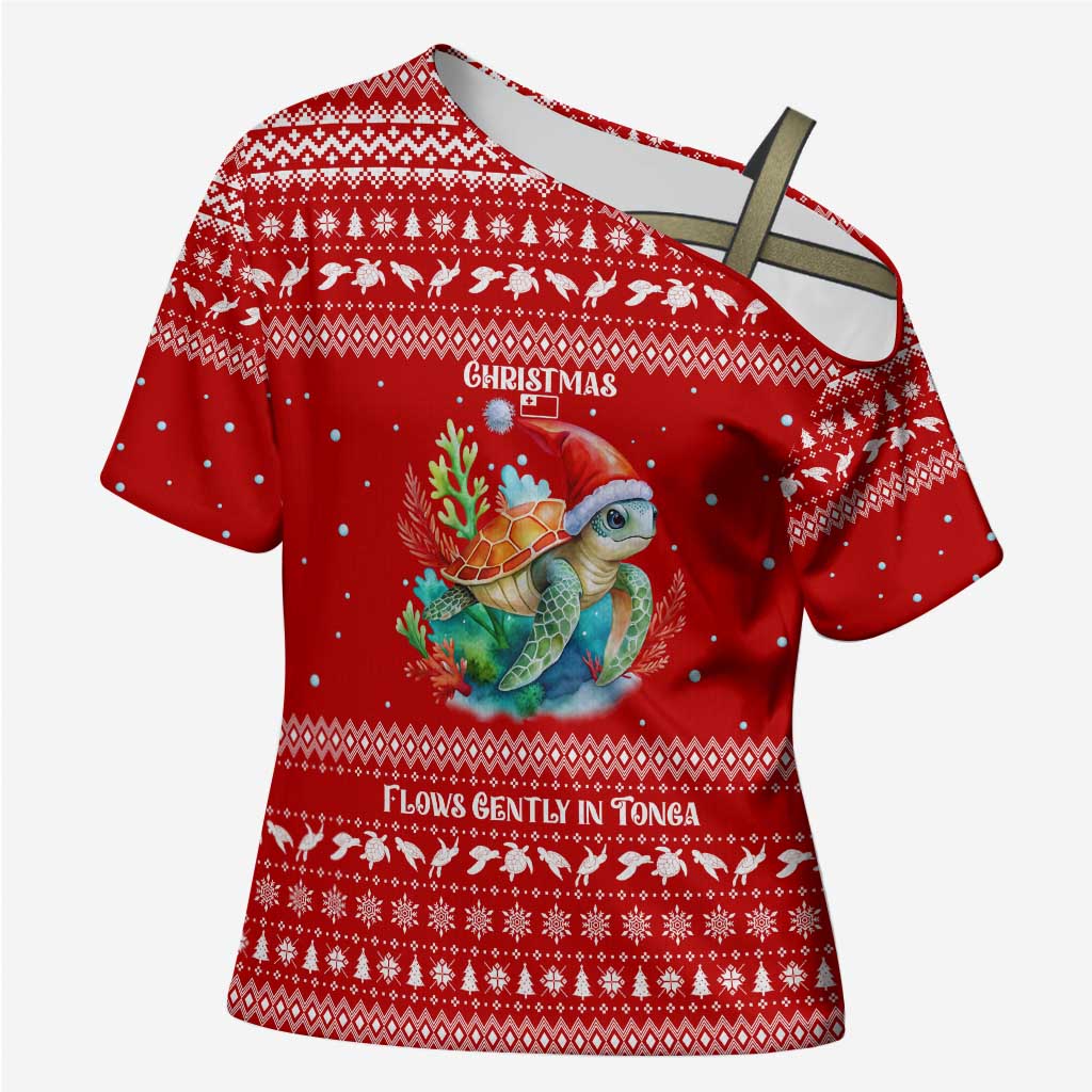Tonga Christmas Cross Shoulder Shirt with Sea Turtle Coral Reef Design Snowflake Pattern and National Emblem - Polynesian Pride