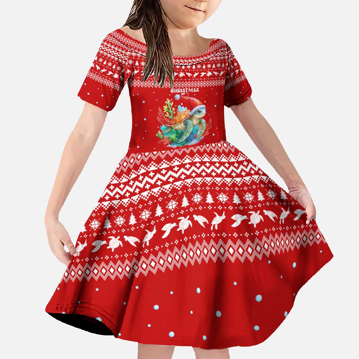 Tonga Christmas Family Matching Off The Shoulder Long Sleeve Dress and Hawaiian Shirt with Sea Turtle Coral Reef Design Snowflake Pattern and National Emblem - Polynesian Pride