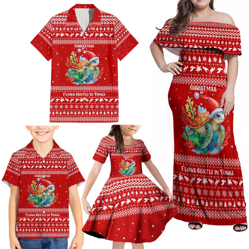 Tonga Christmas Family Matching Off Shoulder Maxi Dress and Hawaiian Shirt with Sea Turtle Coral Reef Design Snowflake Pattern and National Emblem - Polynesian Pride