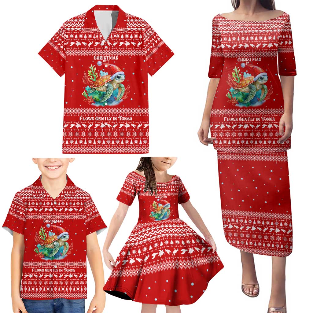 Tonga Christmas Family Matching Puletasi and Hawaiian Shirt with Sea Turtle Coral Reef Design Snowflake Pattern and National Emblem - Polynesian Pride