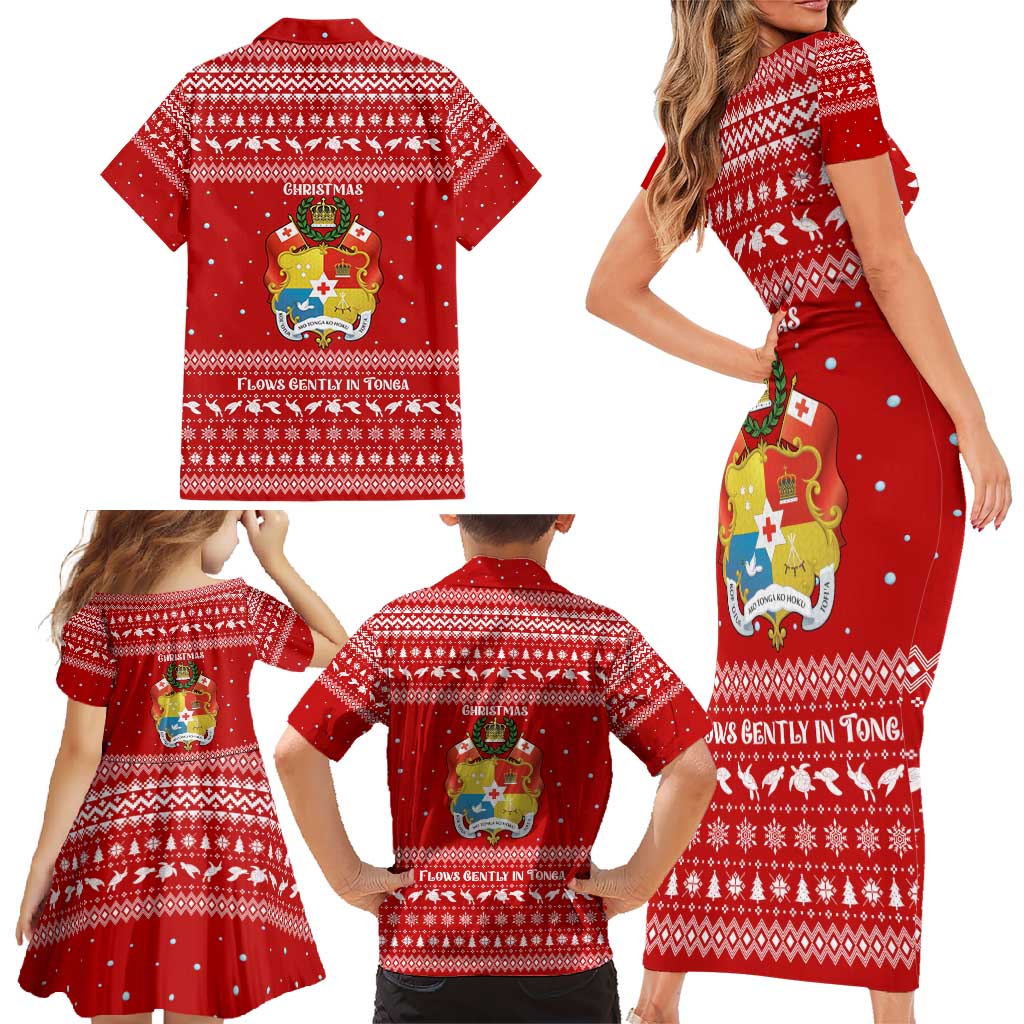 Tonga Christmas Family Matching Short Sleeve Bodycon Dress and Hawaiian Shirt with Sea Turtle Coral Reef Design Snowflake Pattern and National Emblem - Polynesian Pride