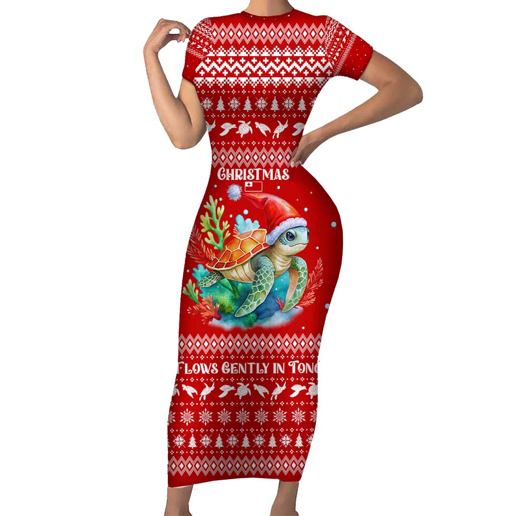 Tonga Christmas Family Matching Short Sleeve Bodycon Dress and Hawaiian Shirt with Sea Turtle Coral Reef Design Snowflake Pattern and National Emblem - Polynesian Pride