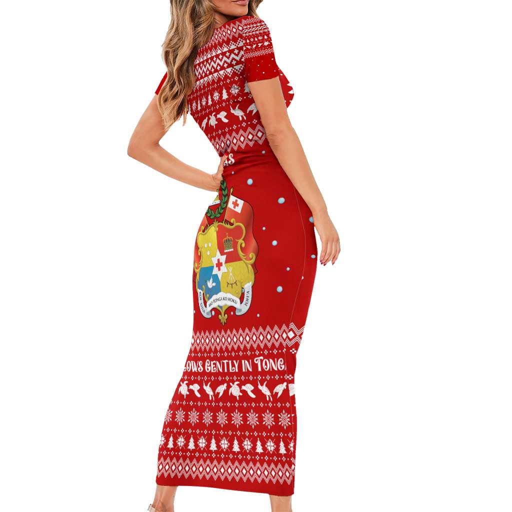 Tonga Christmas Family Matching Short Sleeve Bodycon Dress and Hawaiian Shirt with Sea Turtle Coral Reef Design Snowflake Pattern and National Emblem - Polynesian Pride
