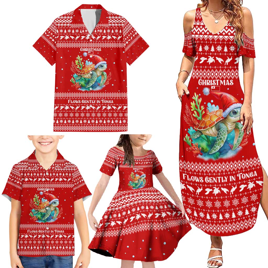 Tonga Christmas Family Matching Summer Maxi Dress and Hawaiian Shirt with Sea Turtle Coral Reef Design Snowflake Pattern and National Emblem - Polynesian Pride
