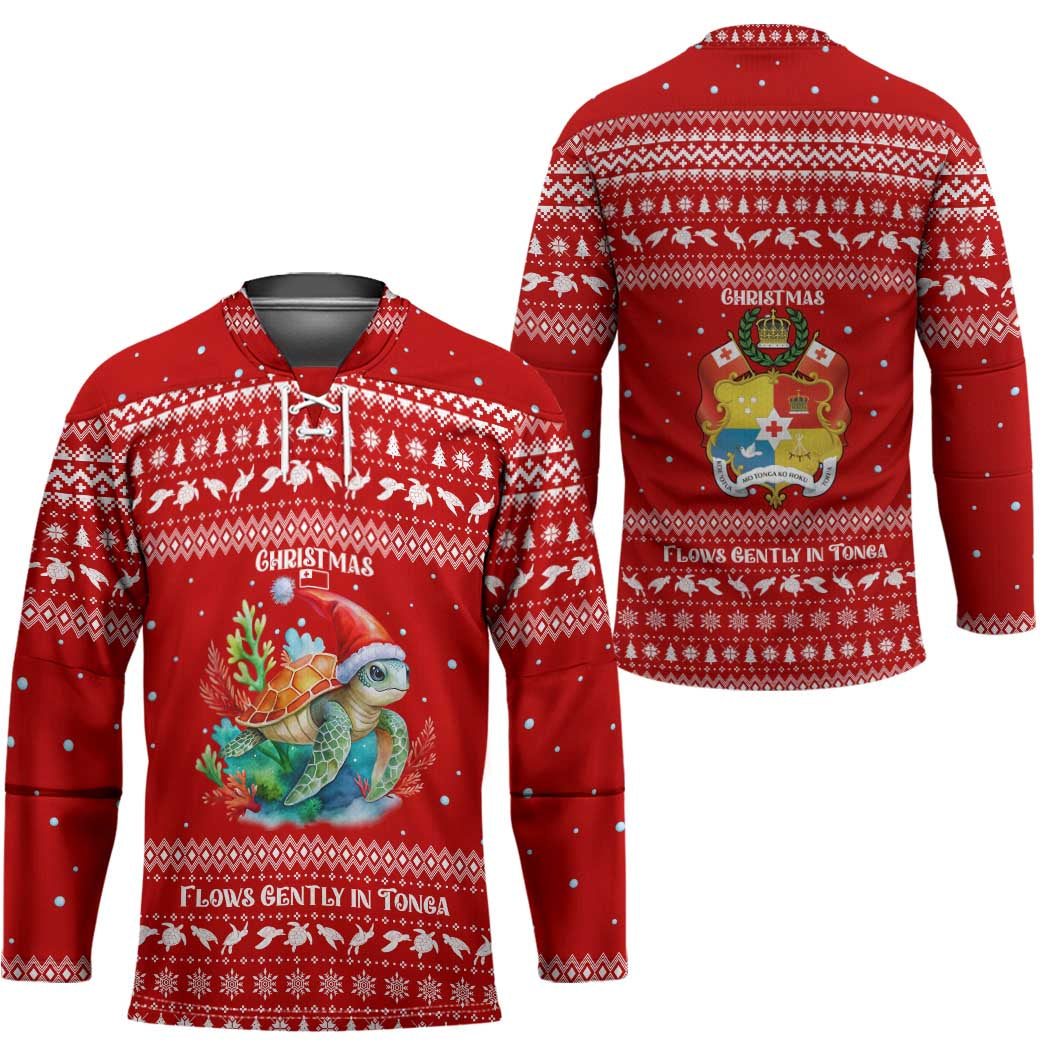 Tonga Christmas Hockey Jersey with Sea Turtle Coral Reef Design Snowflake Pattern and National Emblem - Polynesian Pride