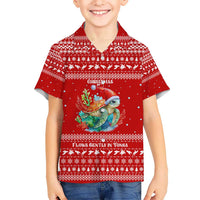 Tonga Christmas Kid Hawaiian Shirt with Sea Turtle Coral Reef Design Snowflake Pattern and National Emblem - Polynesian Pride