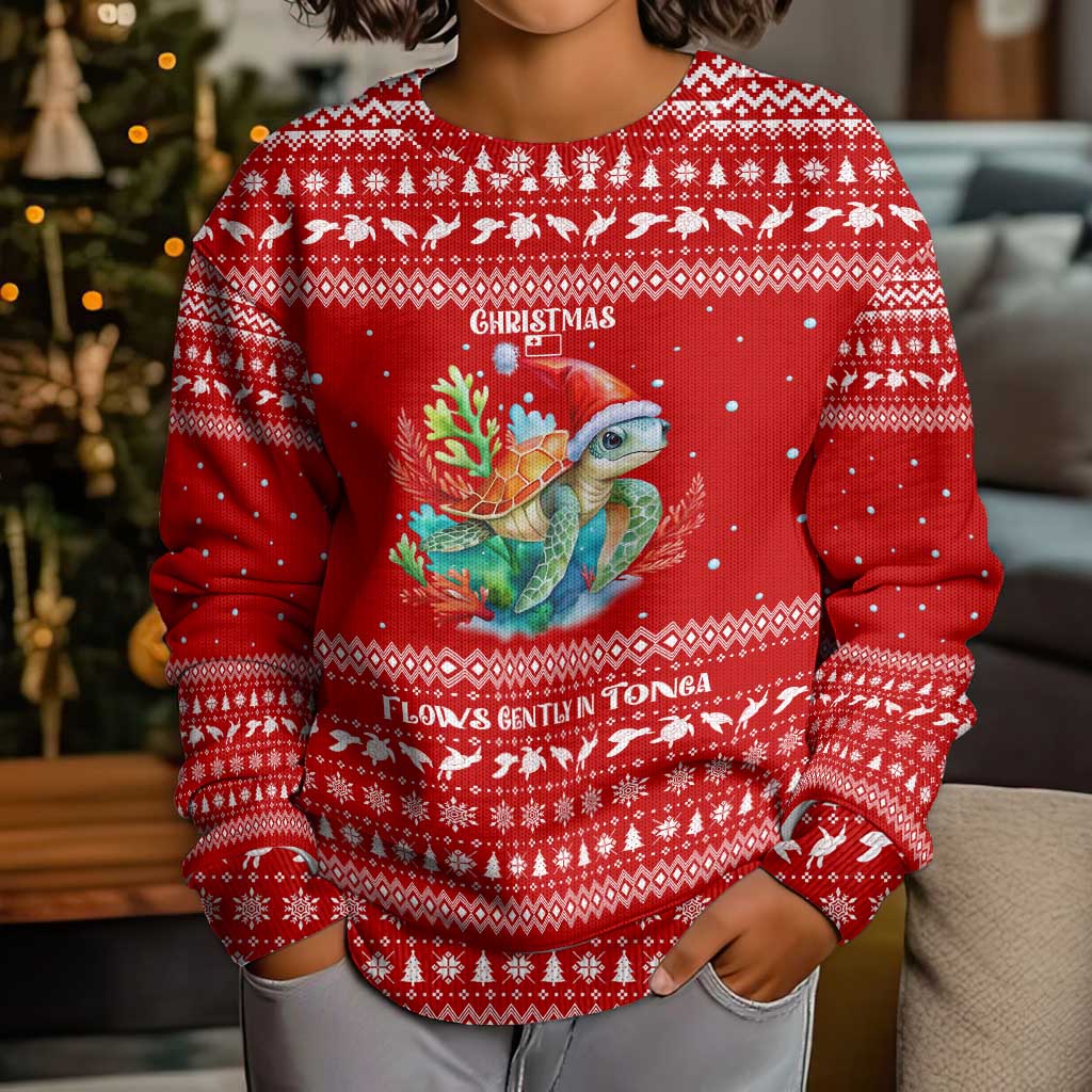 Tonga Christmas Kid Ugly Christmas Sweater with Sea Turtle Coral Reef Design Snowflake Pattern and National Emblem - Polynesian Pride